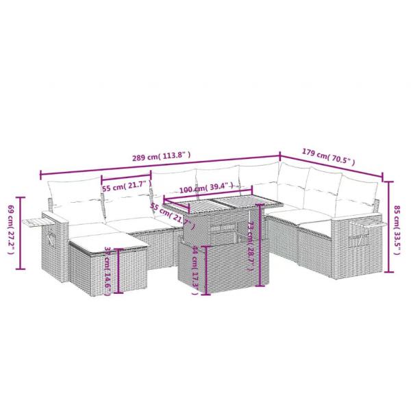 9-tlg. Garten-Sofagarnitur mit Kissen Grau Poly Rattan