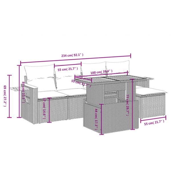 6-tlg. Garten-Sofagarnitur mit Kissen Grau Poly Rattan