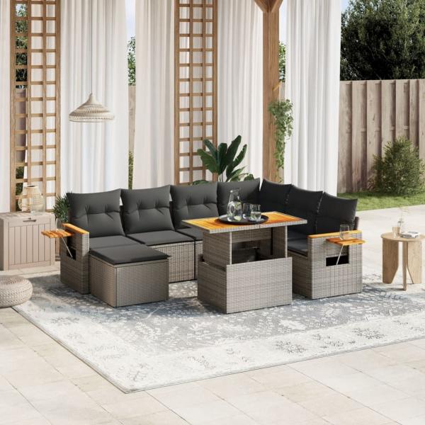 ARDEBO.de - 8-tlg. Garten-Sofagarnitur mit Kissen Grau Poly Rattan