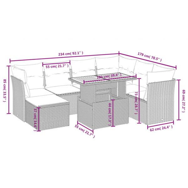 8-tlg. Garten-Sofagarnitur mit Kissen Grau Poly Rattan