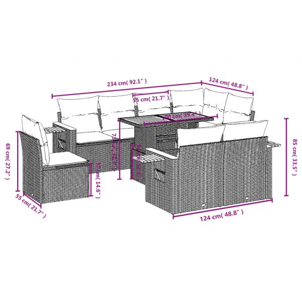 9-tlg. Garten-Sofagarnitur mit Kissen Grau Poly Rattan