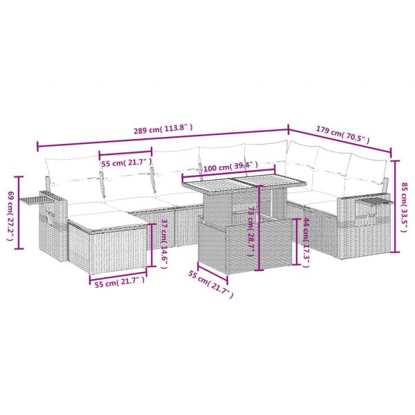 9-tlg. Garten-Sofagarnitur mit Kissen Grau Poly Rattan