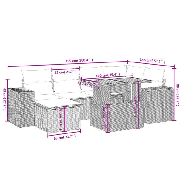 7-tlg. Garten-Sofagarnitur mit Kissen Grau Poly Rattan