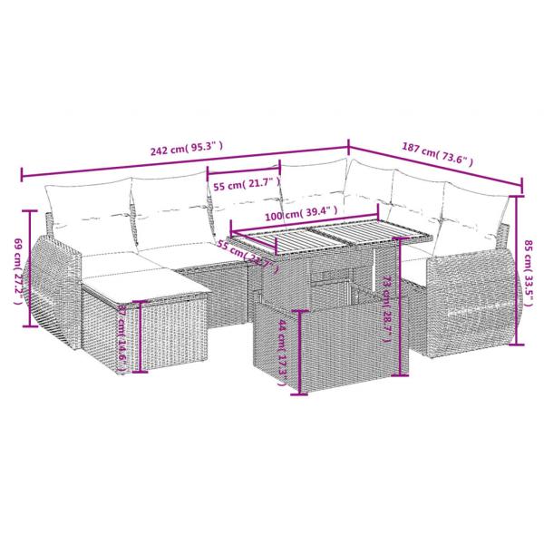 8-tlg. Garten-Sofagarnitur mit Kissen Grau Poly Rattan