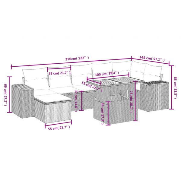 8-tlg. Garten-Sofagarnitur mit Kissen Grau Poly Rattan