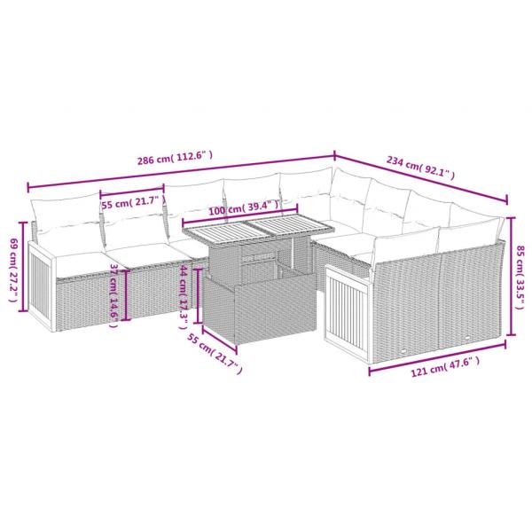 10-tlg. Garten-Sofagarnitur mit Kissen Grau Poly Rattan