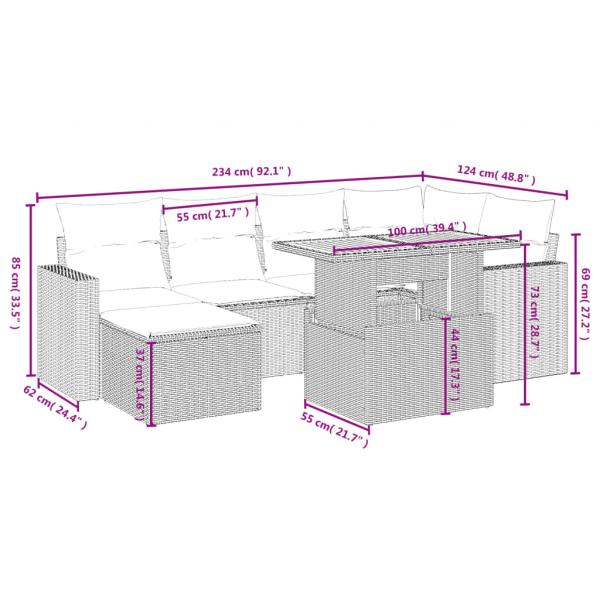 7-tlg. Garten-Sofagarnitur mit Kissen Grau Poly Rattan