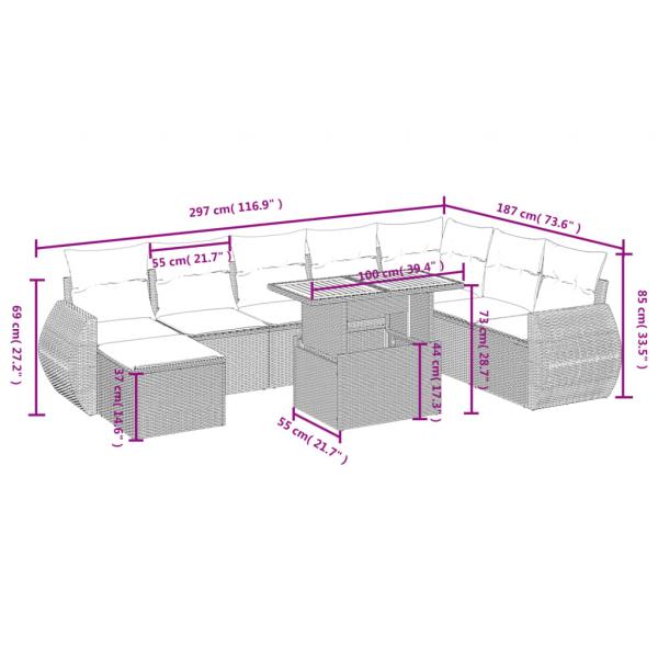 9-tlg. Garten-Sofagarnitur mit Kissen Grau Poly Rattan