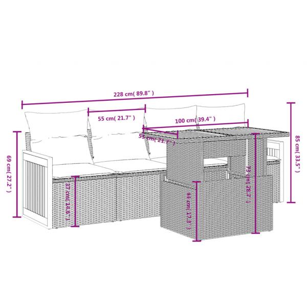 5-tlg. Garten-Sofagarnitur mit Kissen Grau Poly Rattan