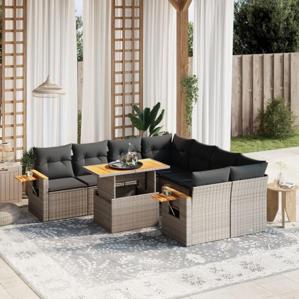 ARDEBO.de - 9-tlg. Garten-Sofagarnitur mit Kissen Grau Poly Rattan