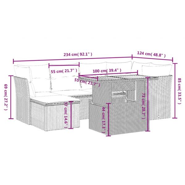 7-tlg. Garten-Sofagarnitur mit Kissen Grau Poly Rattan