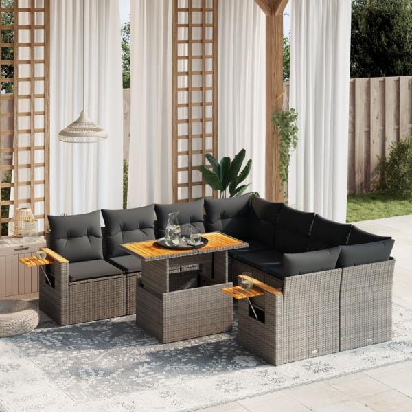 ARDEBO.de - 9-tlg. Garten-Sofagarnitur mit Kissen Grau Poly Rattan