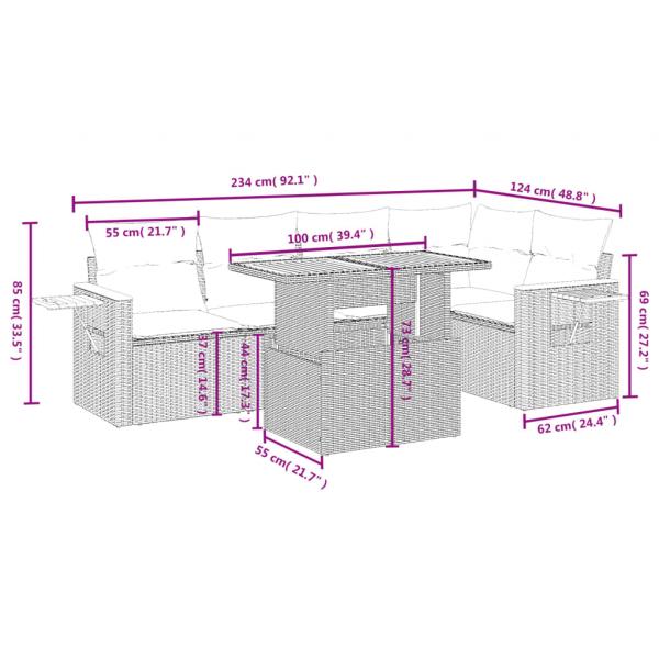 6-tlg. Garten-Sofagarnitur mit Kissen Grau Poly Rattan