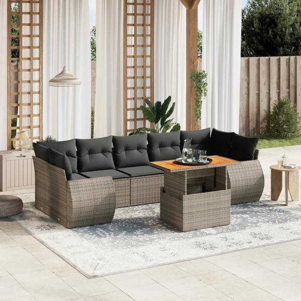 ARDEBO.de - 8-tlg. Garten-Sofagarnitur mit Kissen Grau Poly Rattan