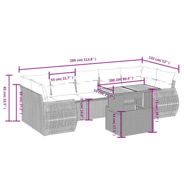 8-tlg. Garten-Sofagarnitur mit Kissen Grau Poly Rattan