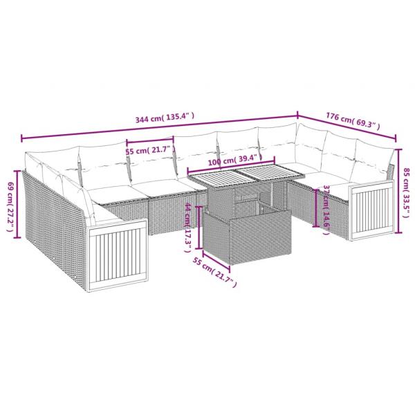 11-tlg. Garten-Sofagarnitur mit Kissen Grau Poly Rattan