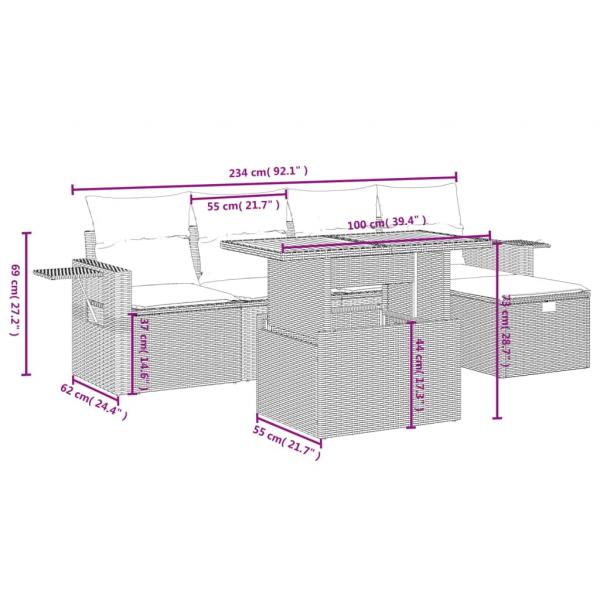 6-tlg. Garten-Sofagarnitur mit Kissen Grau Poly Rattan