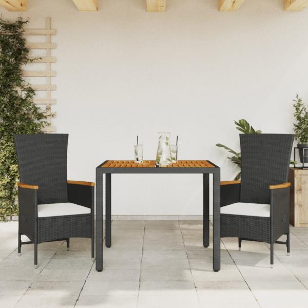 ARDEBO.de - 3-tlg. Garten-Essgruppe mit Kissen Schwarz Poly Rattan