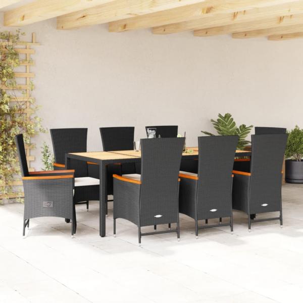 ARDEBO.de - 9-tlg. Garten-Essgruppe mit Kissen Schwarz Poly Rattan