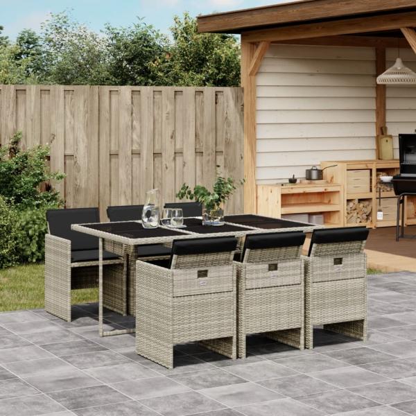 ARDEBO.de - 7-tlg. Garten-Essgruppe mit Kissen Hellgrau Poly Rattan