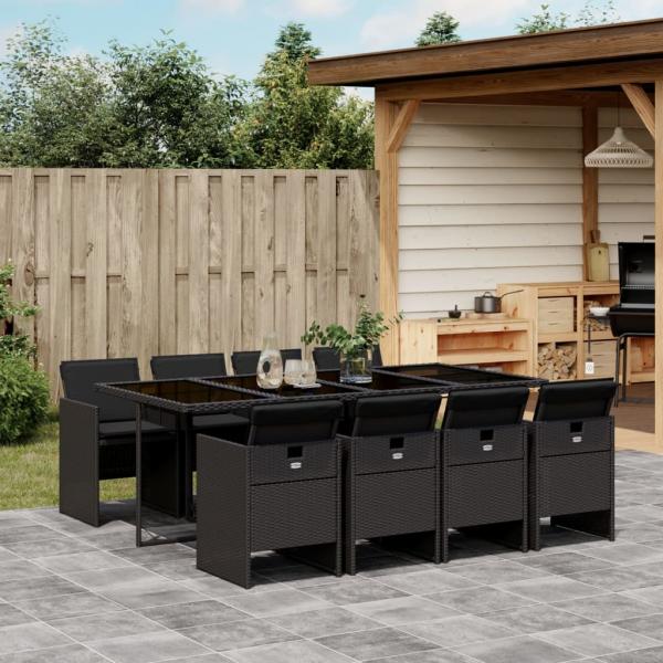 ARDEBO.de - 9-tlg. Garten-Essgruppe mit Kissen Schwarz Poly Rattan