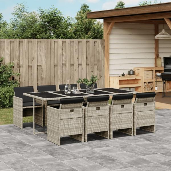 ARDEBO.de - 9-tlg. Garten-Essgruppe mit Kissen Hellgrau Poly Rattan