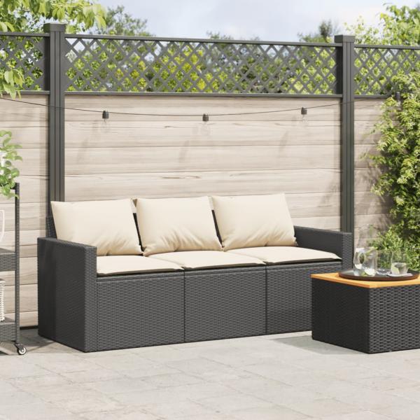 Gartensofa mit Kissen 3-Sitzer Schwarz Poly Rattan