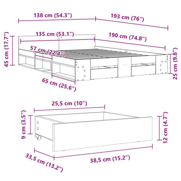 Bettgestell mit Schubladen Grau Sonoma 135x190 cm Holzwerkstoff