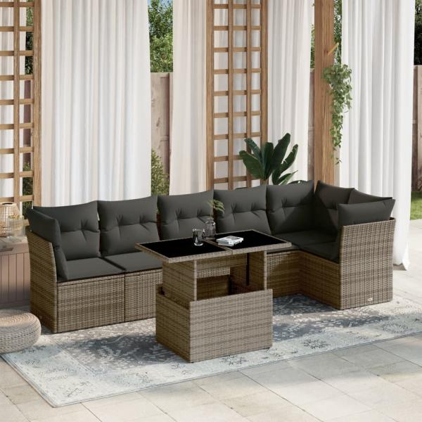 ARDEBO.de - 7-tlg. Garten-Sofagarnitur mit Kissen Grau Poly Rattan