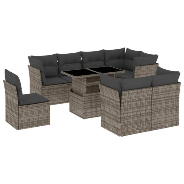 9-tlg. Garten-Sofagarnitur mit Kissen Grau Poly Rattan