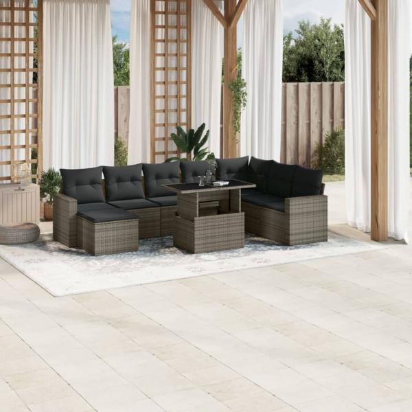 ARDEBO.de - 9-tlg. Garten-Sofagarnitur mit Kissen Grau Poly Rattan