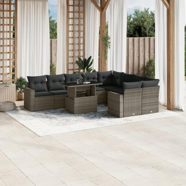 ARDEBO.de - 10-tlg. Garten-Sofagarnitur mit Kissen Grau Poly Rattan