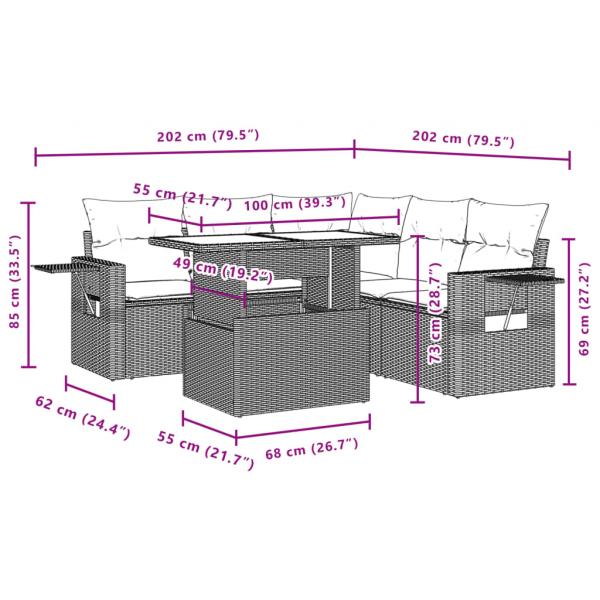 6-tlg. Garten-Sofagarnitur mit Kissen Grau Poly Rattan