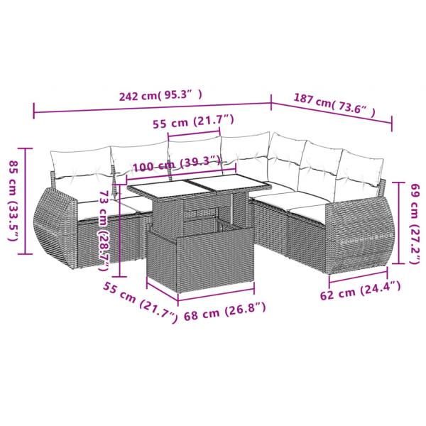 7-tlg. Garten-Sofagarnitur mit Kissen Grau Poly Rattan