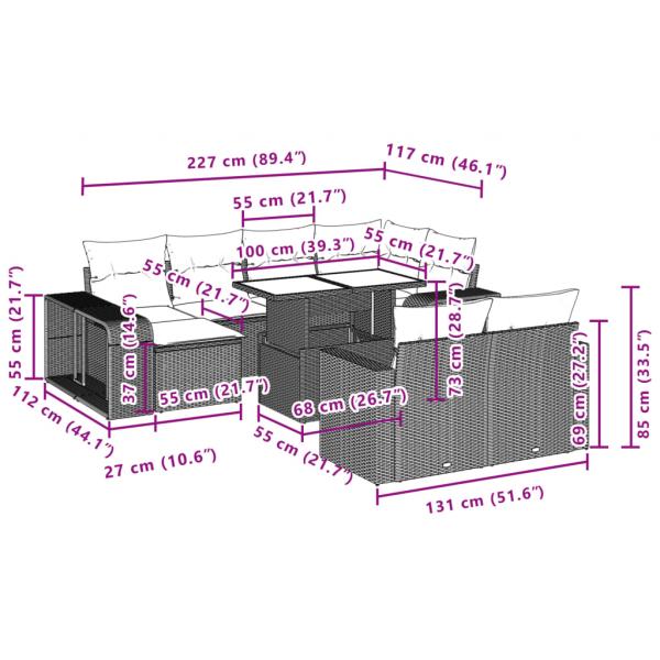 11-tlg. Garten-Sofagarnitur mit Kissen Grau Poly Rattan