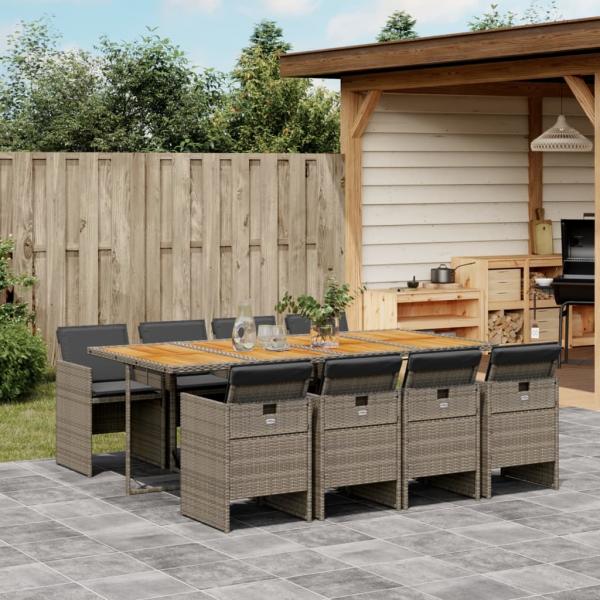 ARDEBO.de - 9-tlg. Garten-Essgruppe mit Kissen Grau Poly Rattan