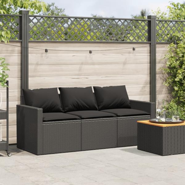 Gartensofa mit Kissen 3-Sitzer Schwarz Poly Rattan