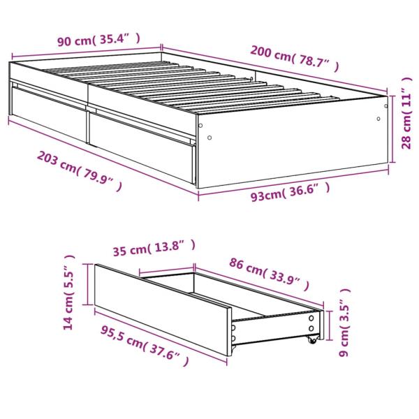 Bettgestell mit Schubladen Schwarz 90x200 cm Holzwerkstoff