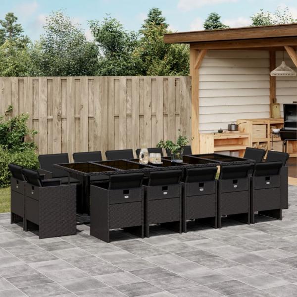 ARDEBO.de - 15-tlg. Garten-Essgruppe mit Kissen Schwarz Poly Rattan