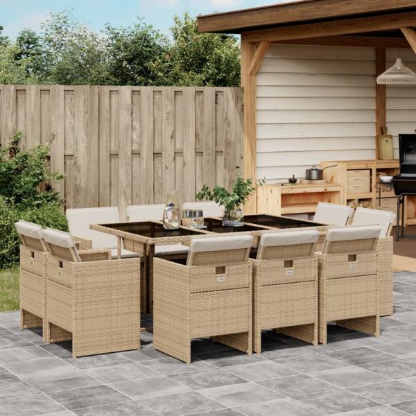 ARDEBO.de - 11-tlg. Garten-Essgruppe mit Kissen Beige Poly Rattan