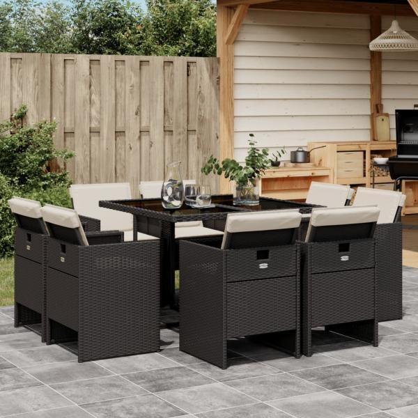 ARDEBO.de - 9-tlg. Garten-Essgruppe mit Kissen Schwarz Poly Rattan