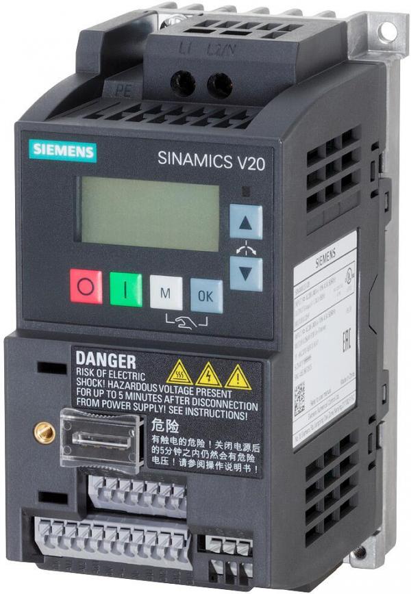 ARDEBO.de Siemens 6SL3210-5BB12-5BV1 SINAMICS V20 1AC 200-240V -10/+10% 47-63Hz Nennleistung 0,25kW mit 150 % Überlast für 60 Sek. integrierter Filter