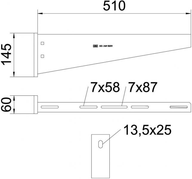 OBO Bettermann AW 55/51 Wand- und Stielausleger mit angeschweißter Kopfplatte, 510mm breit, Stahl, tauchfeuerverzinkt (6418619)