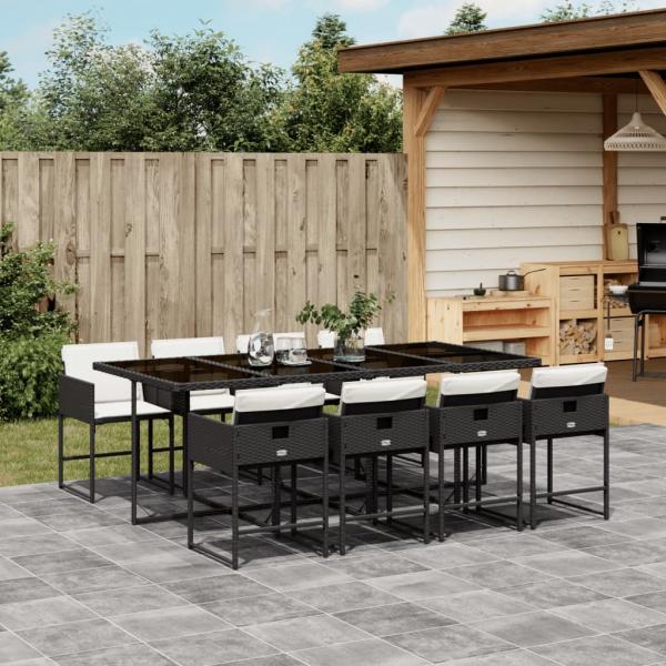 ARDEBO.de - 9-tlg. Garten-Essgruppe mit Kissen Schwarz Poly Rattan