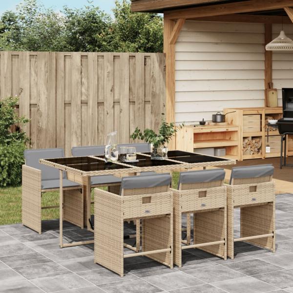 ARDEBO.de - 7-tlg. Garten-Essgruppe mit Kissen Beigemischung Poly Rattan