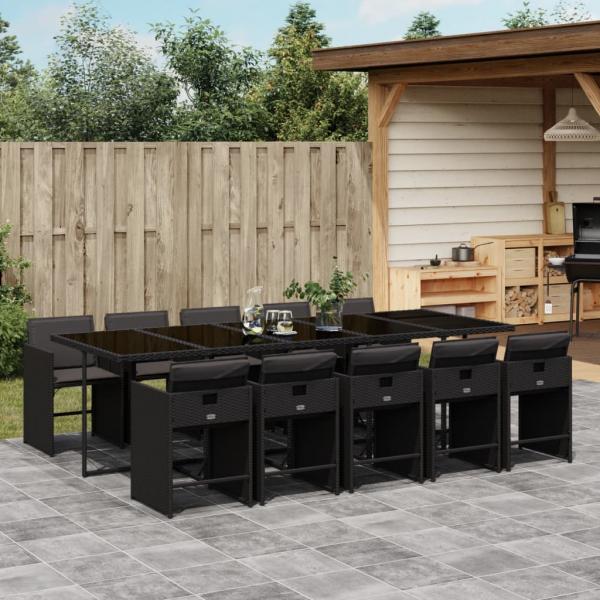 ARDEBO.de - 11-tlg. Garten-Essgruppe mit Kissen Schwarz Poly Rattan