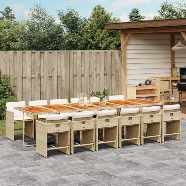 ARDEBO.de - 13-tlg. Garten-Essgruppe mit Kissen Beige Poly Rattan