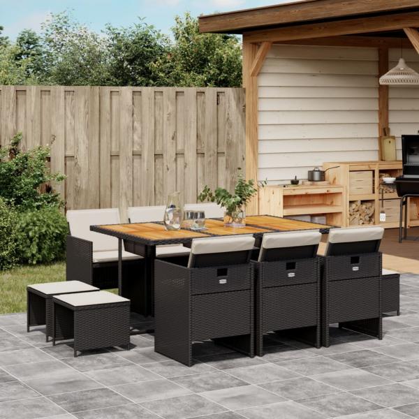 ARDEBO.de - 11-tlg. Garten-Essgruppe mit Kissen Schwarz Poly Rattan