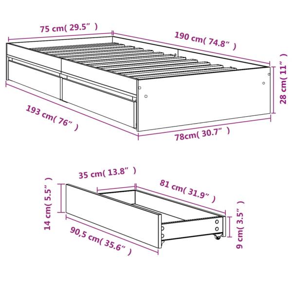 Bettgestell mit Schubladen Schwarz 75x190 cm Holzwerkstoff