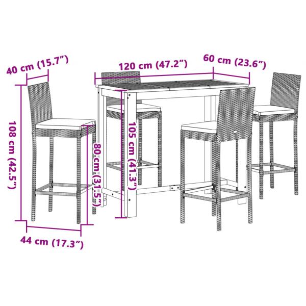 5-tlg. Gartenbar-Set Schwarz Massivholz Akazie und Poly Rattan